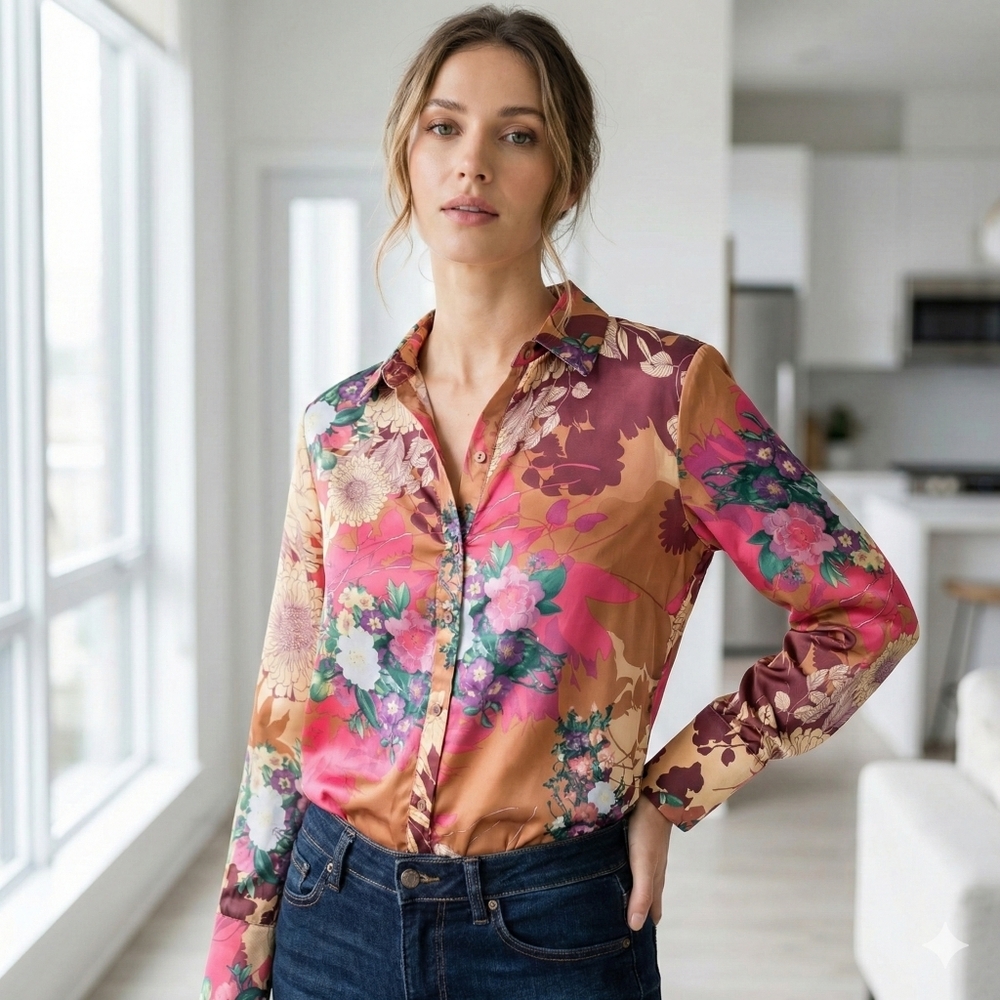 Aakaa Women’s Floral Satin Button Down Shirt Blouse Boho Festival Size Small